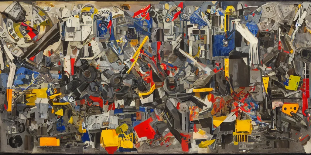 Image similar to Still life of a combat mech surrounded by its weapons, inspired by Jasper Johns