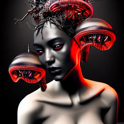 Image similar to portrait of an absurdly beautiful, graceful, sophisticated, fashionable black cyberpunk mechanoid gravure idol, hyperdetailed illustration by irakli nadar, adut akech, matt wisniewski style, intricate linework, dark black porcelain skin, jellyfish headdress, unreal engine 5 highly rendered, global illumination, red light, detailed and intricate environment