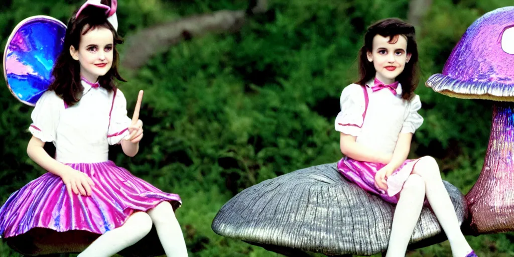 Prompt: very young winona ryder dressed as alice from alice in wonderland, sits on a giant iridescent mushroom, a huge cheshire cat's smiling face can bee seen behind her