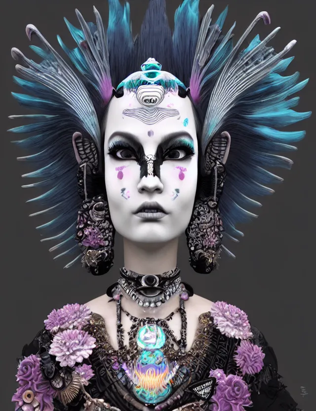 Image similar to 3 d goddess close - up profile portrait punk with mohawk in victorian style with ram skull. beautiful intricately detailed japanese crow kitsune mask and clasical japanese kimono. betta fish, jellyfish phoenix, bio luminescent, plasma, ice, water, wind, creature, artwork by tooth wu and wlop and beeple and greg rutkowski