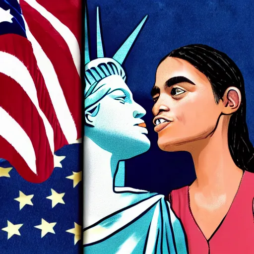 Image similar to lady liberty making out with alexandria ocasio - cortez at a bar, digital art, 8 k