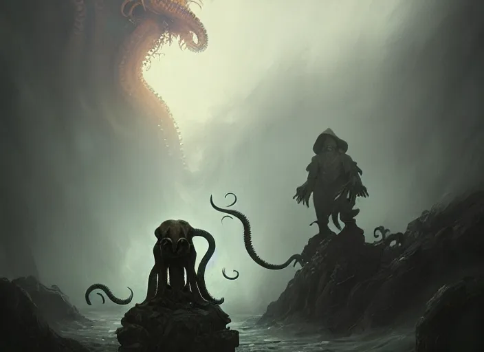 Image similar to A cthulhu and dog mix, highly detailed, in the style of romanticism, cinematic, artstation, Moebius, Greg rutkowski