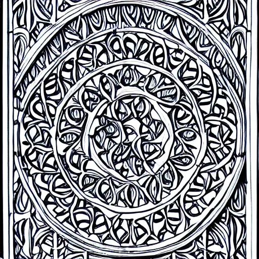 Image similar to single line drawing of an intricate carved woodwork, blue ink pen