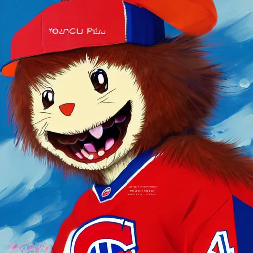 Image similar to anime Portrait of Youppi the Habs Montreal Canadiens Mascot as a very cute powerful and friendly pokemon, highly detailed anime, high evolution, 1990s, legendary, smooth, sharp focus, dynamic lighting, intricate, trending on ArtStation, illustration pokemon, art by WLOP