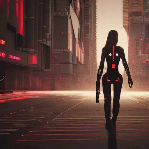 Image similar to photo of a lone terminator woman with borg implants walking in a futuristic city in a dystopian future made of electronic components and looks like a giant pcb board. Very detailed 8k. Unreal engine 5 render with nanite, global illumination and path tracing. Cinematic post processing. Emphasize on the colors black and red.
