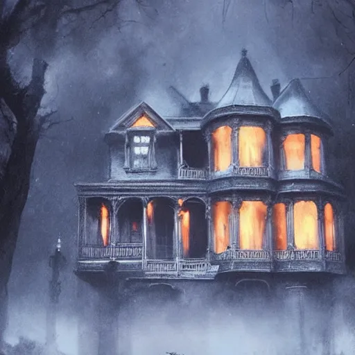 Image similar to exterior of haunted victorian house with ghosts, horror, by greg rutkowski