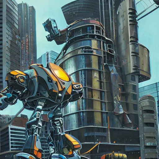 Prompt: A picture two giant robot buildings that have mechanical parts, punching each other, pieces falling, in a urban landscape, sci fi, detailed, hyper realistic