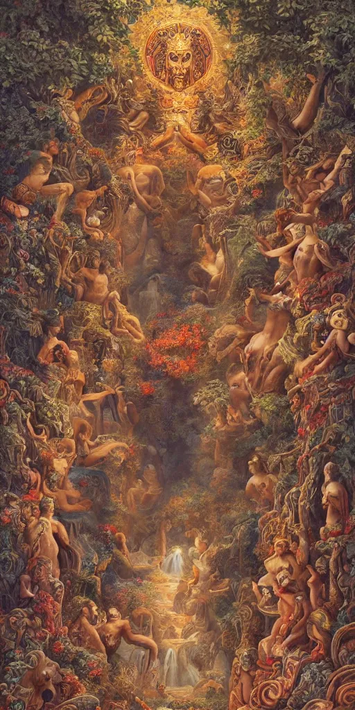 Image similar to a stunning and noble highly detailed romantic period style painting of the place where aztec gods come into being by james jean, josep tapiro baro and harles sillem lidderdale, trending on artstation, oil painting masterpiece, symmetry, rule of thirds, mysterious