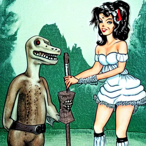 Prompt: scp - 6 8 2 : hard - to - destroy reptile wearing a french maid outfit, by ray harryhausen