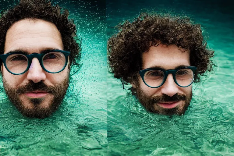 Prompt: closeup potrait of a man with curly hair and round glasses swimming in green radioactive water in amsterdam, photograph, natural light, sharp, detailed face, magazine, press, photo, steve mccurry, david lazar, canon, nikon, focus