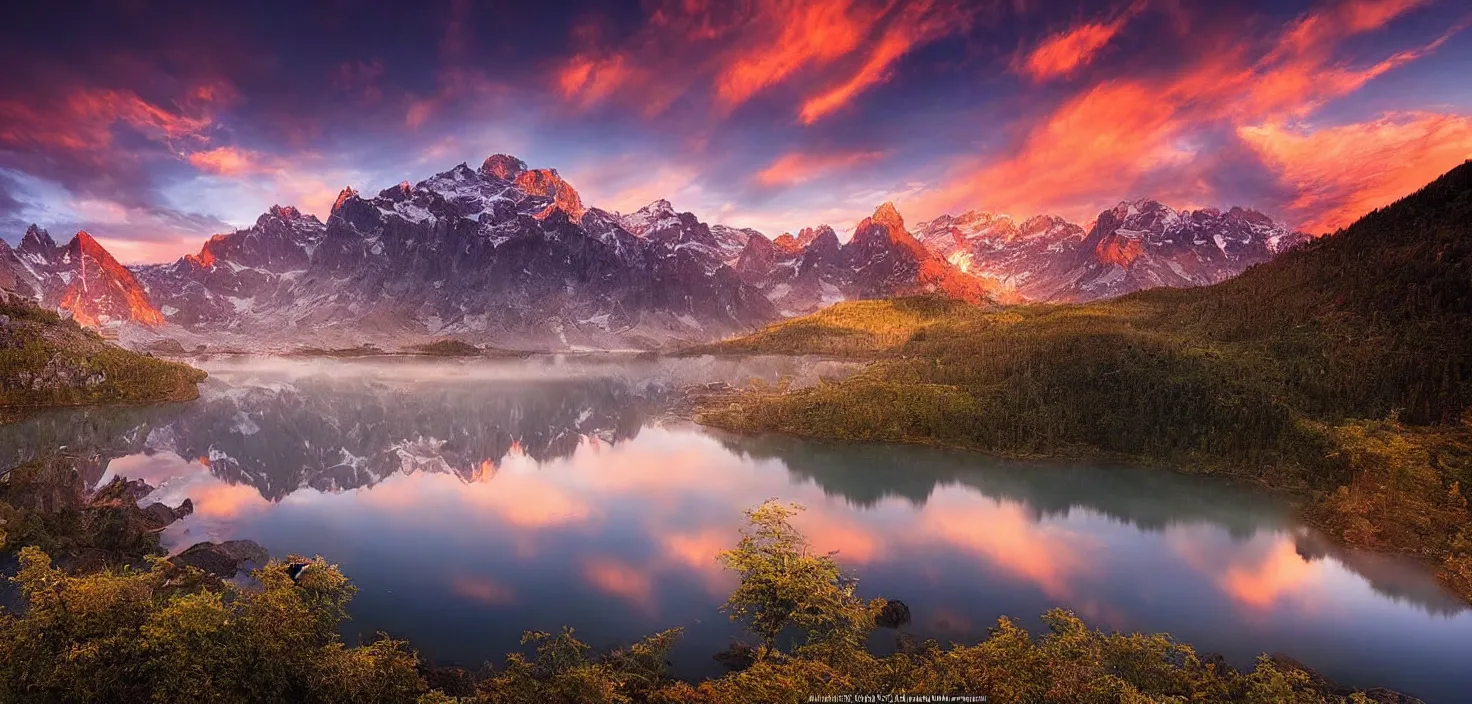 Image similar to amazing landscape photo of mountains with lake in sunset by marc adamus, beautiful dramatic lighting