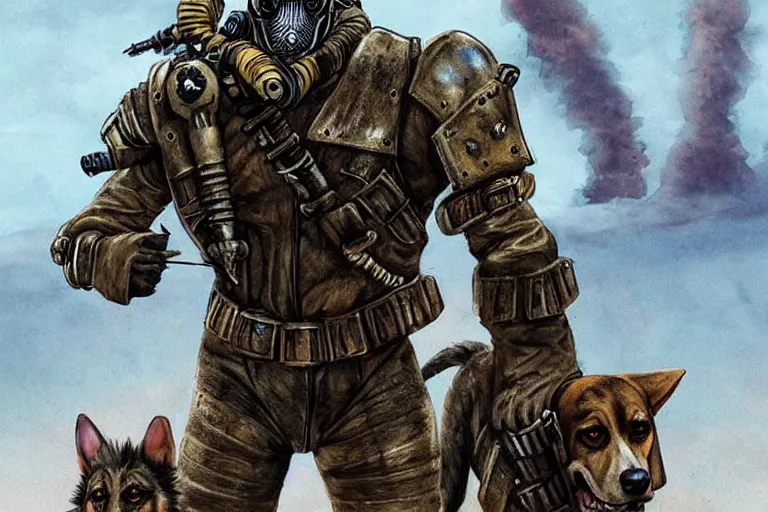 Image similar to a good ol'hound dog fursona ( from the furry fandom ), heavily armed and armored facing down armageddon in a dark and gritty version from the makers of mad max : fury road. witness me.