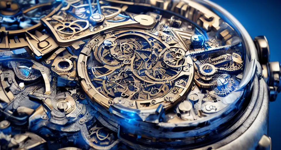Image similar to complex 3 d render of a futuristic steampunk watch lying on a table, high detail, sharp focus, glowing blue interior components, fractal detail, depth of field, bokeh, cinematic lighting and composition, octane render, film grain, piaget