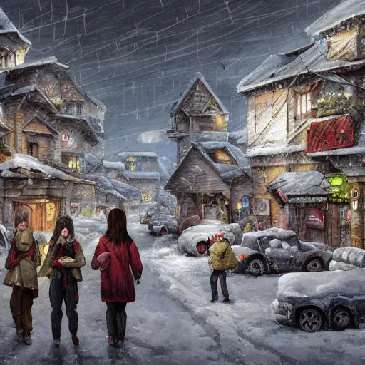 Prompt: a group of friends in a snowy village, dynamic composition, motion, ultra-detailed, incredibly detailed, a lot of details, amazing fine details and brush strokes, colorful and grayish palette, smooth, HD semirealistic anime CG concept art digital painting, watercolor oil painting of Clean and detailed post-cyberpunk sci-fi, relaxing, calm and mysterious vibes,, by a Chinese artist at ArtStation, by Huang Guangjian, Fenghua Zhong, Ruan Jia, Xin Jin and Wei Chang. Realistic artwork of a Chinese videogame, gradients.,set in half-life 2, dynamic composition, beautiful with eerie vibes, very inspirational, very stylish, with gradients, surrealistic, dystopia, postapocalyptic vibes, depth of field, mist, rich cinematic atmosphere, perfect digital art, mystical journey in strange world