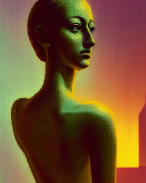 Image similar to a painting of a woman standing in front of a statue, a screenshot by stanley twardowicz, cgsociety, aestheticism, aesthetic, vaporwave, anime aesthetic