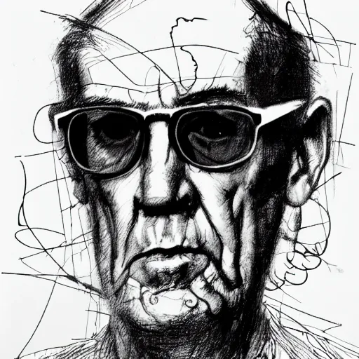 Image similar to a realistic yet scraggly portrait sketch of the side profile of a stern and sophisticated hunter s. thompson, trending on artstation, intricate details, in the style of frank auerbach, in the style of sergio aragones, in the style of martin ansin, in the style of david aja, in the style of mattias adolfsson