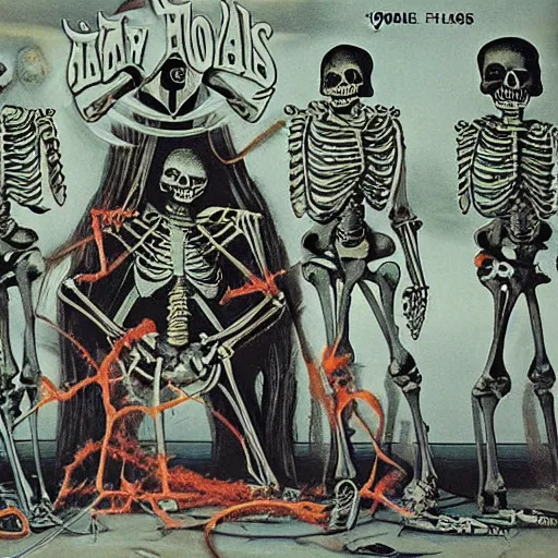 Image similar to 1 9 8 0's heavy metal album art, a funk band that's all skeletons