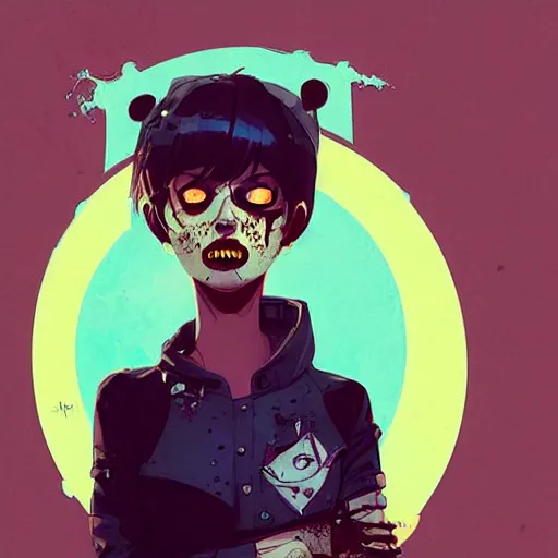 Image similar to Highly detailed portrait of a punk zombie young lady by Atey Ghailan, by Loish, by Bryan Lee O'Malley, by Cliff Chiang, inspired by image comics, inspired by graphic novel cover art !!!Yellow, brown, black and cyan color scheme ((dark blue moody background))