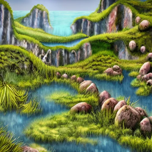 Image similar to contemporary art of a lush natural scene on an alien planet. beautiful landscape. weird vegetation. cliffs and water.