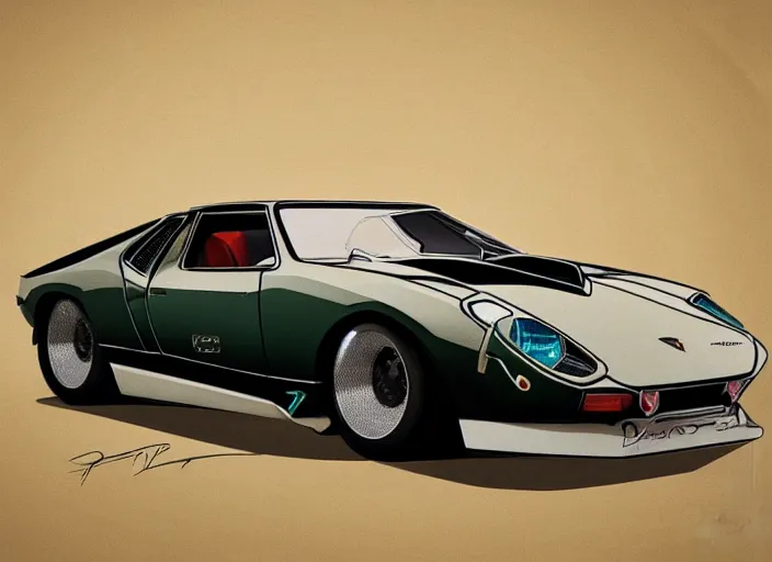 Image similar to a blending, amalgamation and detailed combination of a lamborghini countach, datsun 2 6 0 z and a jaguar e - type, concept art, round headlights, 8 k, highly detailed, trending on art station