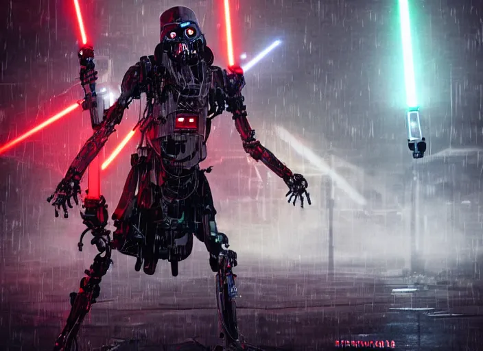 Image similar to portrait photo of general grievous with heavy duty biomechanical cybernetic body with 4 arms holding 4 activated red lightsabers in the rain. cyberpunk horror style.