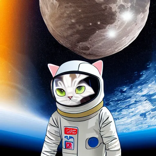 Prompt: light novel illustration cat wearing astronaut suit on the moon planet earth in the background sigma 1 4 mm f / 1. 8 astroied belt