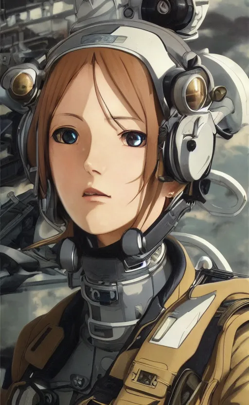 Prompt: pilot girl, cyborg aircraft parts, anime style, military pilot clothing, shoulder eyes, last exile anime, hair down, symmetrical facial features, from arknights, hyper realistic, 4 k, rule of thirds, extreme detail, detailed drawing, trending artstation, realistic lighting, by alphonse mucha, greg rutkowski, short neck