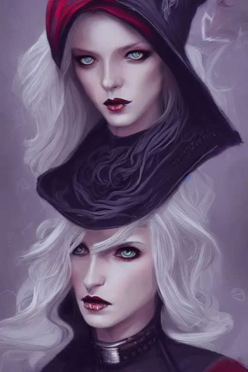 Image similar to beautiful wicked female occultist, sweeping ombre blonde hair, red eyes, portrait, high cheekbones, Victorian, black velvet dress, dark colors, magic Amulet, fantasy painting, trending in Artstation, GSociety, by Charlie Bowater, Brom, Bastien Lecouffe-Deharme