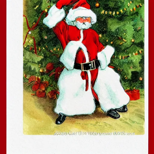 Image similar to a christmas card of a rabbit dressed as santa, in the style of anders zorn