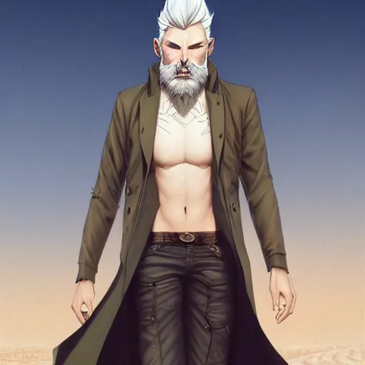 Image similar to a man with stylish white hair,an unusual beard and yellow eyes walking in a desert,character design by charlie bowater, ross tran, artgerm, and makoto shinkai, detailed, inked, western comic book art, 2021 award winning painting,digital art,art by greg rutkowski,photorealistic,highly detailed,hyperdetailed,hyperrealistoc,detailed face,surreal,fantasy,real life