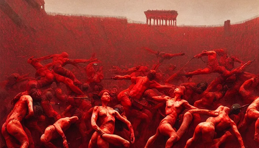 Prompt: only with red, bloody armored gladiator battle in a crowded roman amphitheatre, crowd cheering, in the style of beksinski and edward hopper and rodcenko and yue minjun and greg rutkowski, intricate and epic composition, red by caravaggio, highly detailed, masterpiece, red light, artstation, art nouveau