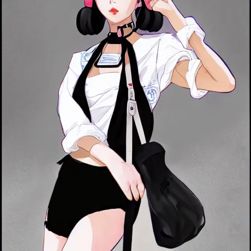 Image similar to realistic beautiful gorgeous natural cute Blackpink Lalisa Manoban black hair fur black cat ears, wearing white camisole summer outfit, headphones, black leather choker artwork drawn full HD 4K highest quality in artstyle by professional artists WLOP, Aztodio, Taejune Kim, Guweiz on Pixiv Instagram Artstation