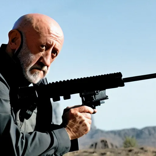 Image similar to Film Still of Mike Ehrmantraut aiming a sniper rifle and wearing a bulletproof vest, 4k, highly detailed, centered