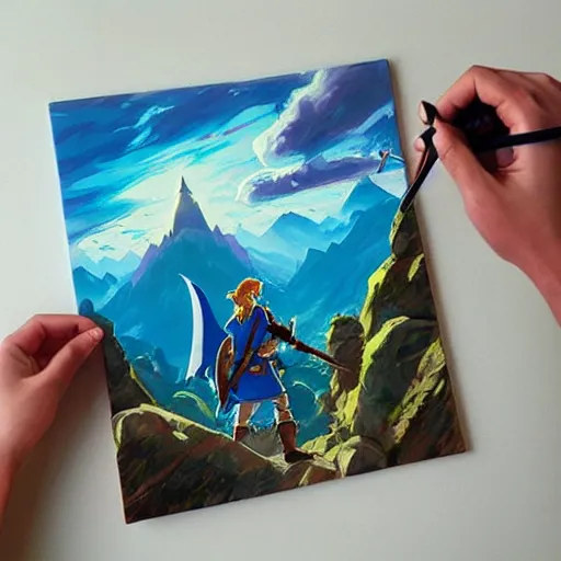 Image similar to oil painting of zelda breath of the wild, iconic mountain in the background. beautiful, rpg, dnd, artgerm, colorful, disney, pixar