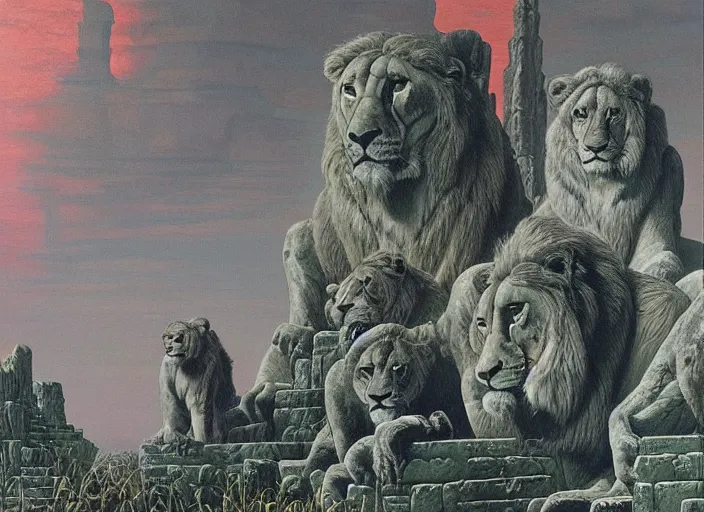 Image similar to “A surreal oil painting of an ancient temple guarded by lions, by Zdzisław Beksiński and HP Lovecraft, cosmic portals, realistic shading, complimentary colors, vivid colors, aesthetically pleasing composition, masterpiece, 4k, 8k, ultra realistic, super realistic”