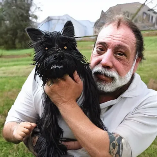 Image similar to worlds ugliest man with his ugly dog, portrait photography