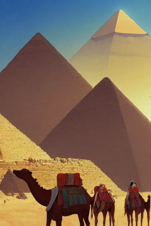 Image similar to beautiful Pyramids of Giza, Caravan of camels, by studio ghibli painting, superior quality, masterpiece, traditional Japanese colors, by Grzegorz Rutkowski, concept art