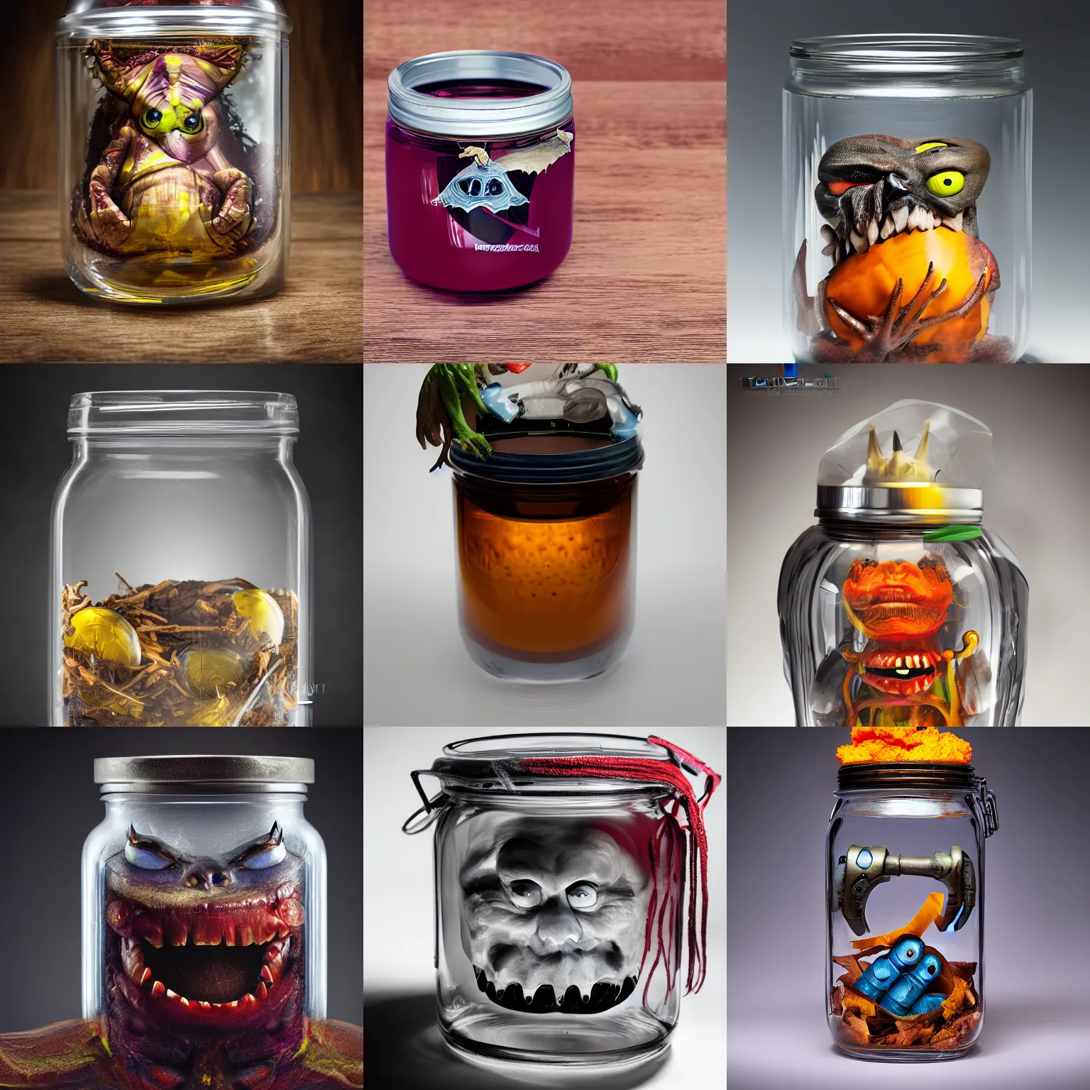 Prompt: An evil monster in a jar, by Mike Franchina, product photography, studio lightning