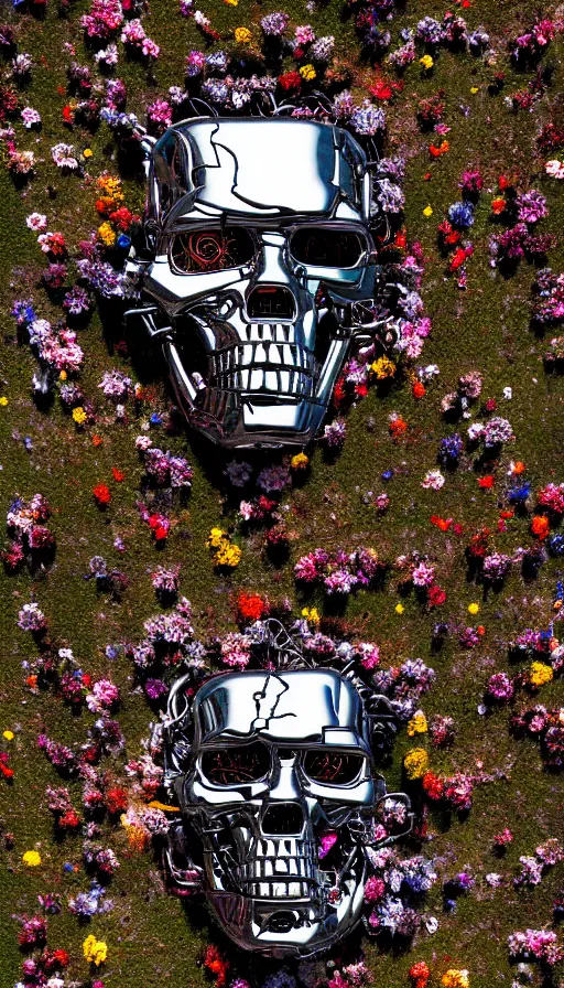 Image similar to destroyed terminator lying in a field of flowers, twisted metal, chrome, reflections, earth, terrible, anthropomorphic, photorealism, smoke, metal, 8 k, surreal, wires, smooth, sharp focus, top view, extremely detailed, ultra - realism, elegant, establishing shot, epic, by jeff koons, artgerm and greg rutkowski