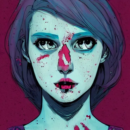 Image similar to Highly detailed portrait of pretty punk zombie young lady with cool hair, freckles and bloodshot eyes by Atey Ghailan, by Loish, by Bryan Lee O'Malley, by Cliff Chiang, inspired by image comics, inspired by graphic novel cover art, inspired by papergirls !! Gradient color scheme ((grafitti tag brick wall background)), trending on artstation