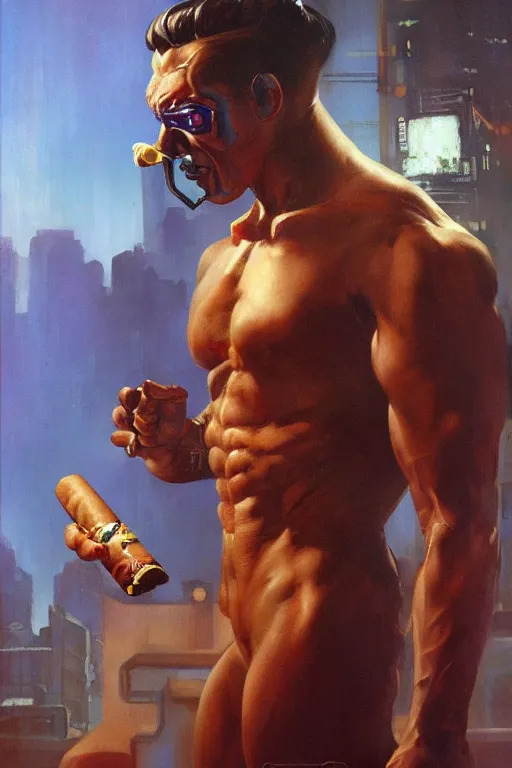 Image similar to A muscular male android smoking a cigar in a cyberpunk setting, by Frank Frazetta, Trending on Artstation, highly detailed,