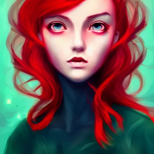 Image similar to a beautiful stunning fantasy whimsical matte digital portrait illustration of a pretty womam with bright green eyes and fiery red hair with a green bird on her shoulder, in the style of Ross Tran, trending on artstation, contest winner