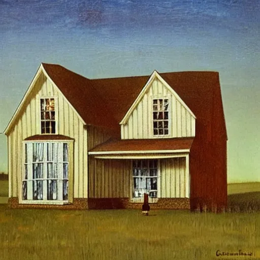 Image similar to fat orange tabby cat in american gothic by grant wood