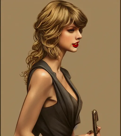 Image similar to taylor swift wearing a golden dress, grey hair, red necktie, cinematic, stunning, highly detailed, digital painting, artstation, smooth, hard focus, full body shot, illustration, art by artgerm and greg rutkowski and alphonse mucha