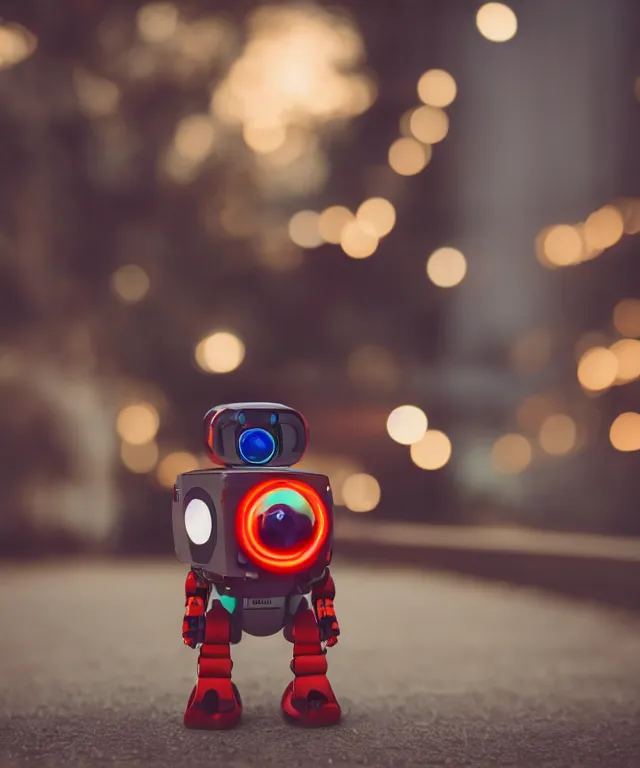 Image similar to high quality presentation photo of a retro toy robot with glowing eyes, photography 4k f1.8 anamorphic bokeh 4k Canon Nikon