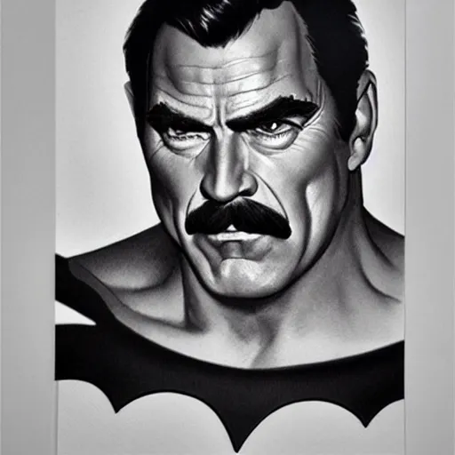 Image similar to ultra realistic portrait painting of tom selleck as batman, art by frank frazetta, 4 k, ultra realistic, highly detailed, epic lighting
