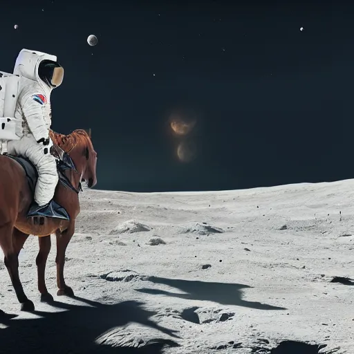 Image similar to professional photo of astronaut riding a horse on the moon, low angle shot, hyperrealistic masterpiece, trending on artstation, cgsociety, kodakchrome, golden ratio, cinematic, composition, beautiful lighting, hyper detailed, octane render, 4 k, unreal engine