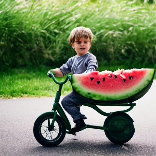 Image similar to a tricycle carrying watermelon, the boy fell asleep in the car, summer