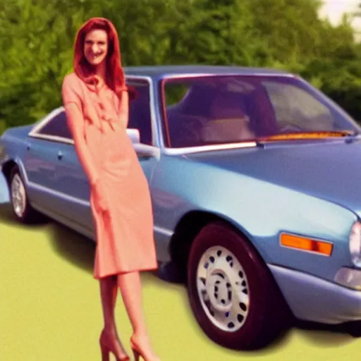 Image similar to vintage 90s VHS video still of a woman on a commercial promoting a new 90s car, realistic photo