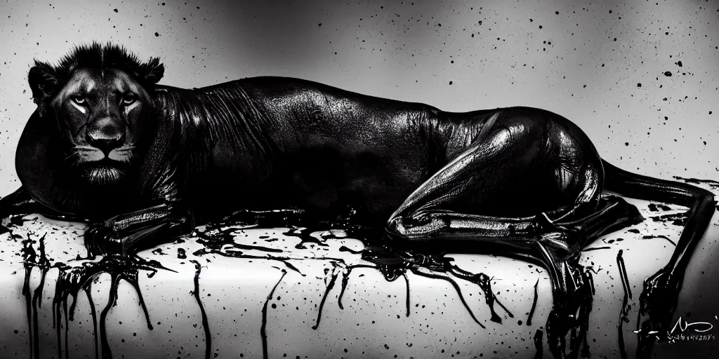 Image similar to a black lioness, made of ferrofluid, viscous, sticky, full of ferrofluid, laying on the white couch in the living room, covered with black goo. photography, dslr, realism, color, rimlight, wrinkles, reflections, animal photography, black goo